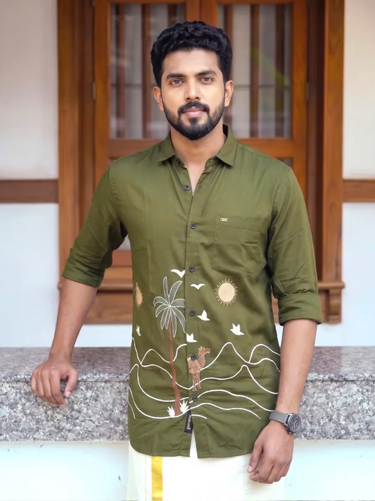 Olive Green Embroidered Scenic Shirt and Kasavu Mundu Dhoti Combo