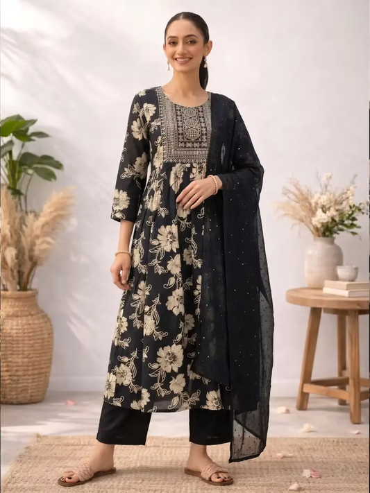Black Floral Anarkali Kurta Suit Set with Dupatta