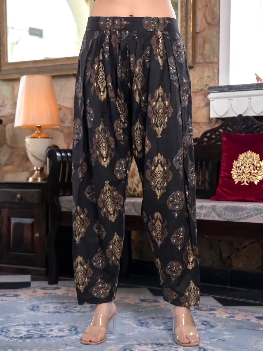 Black Embroidered Kurta Set with Foil Printed Palazzo & Golden Striped Dupatta