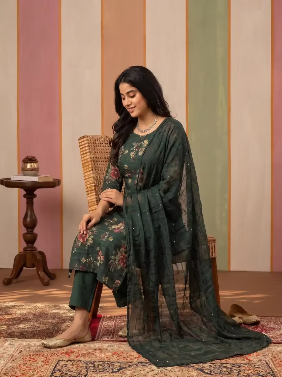 Deep Green Floral Printed Kurta Set with Dupatta
