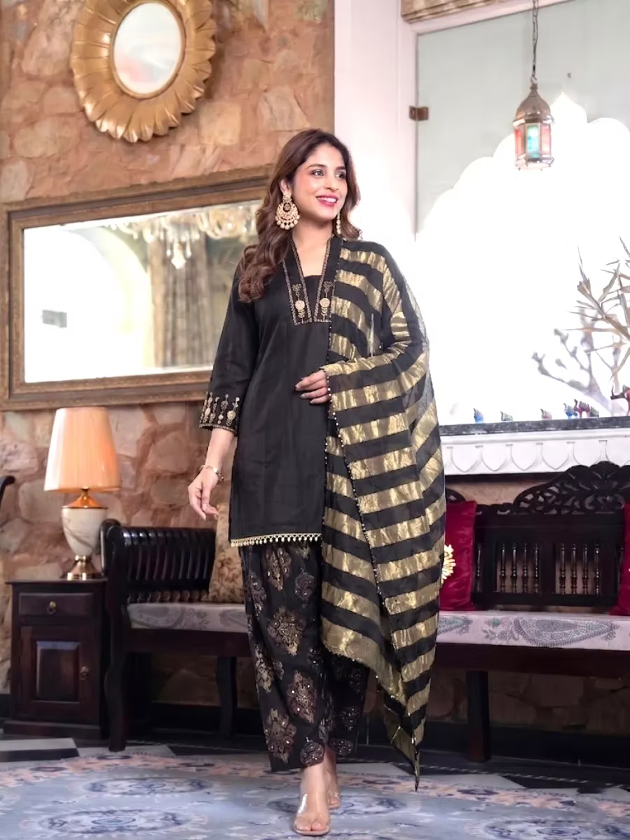Black Embroidered Kurta Set with Foil Printed Palazzo & Golden Striped Dupatta