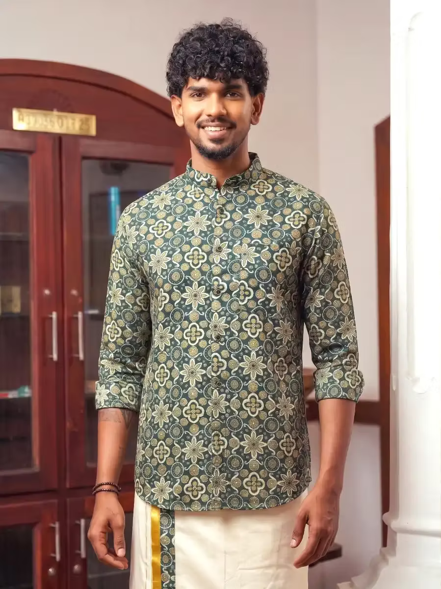 Deep Teal Regal Ajrak Shirt & Kasavu Mundu Dhoti Combo