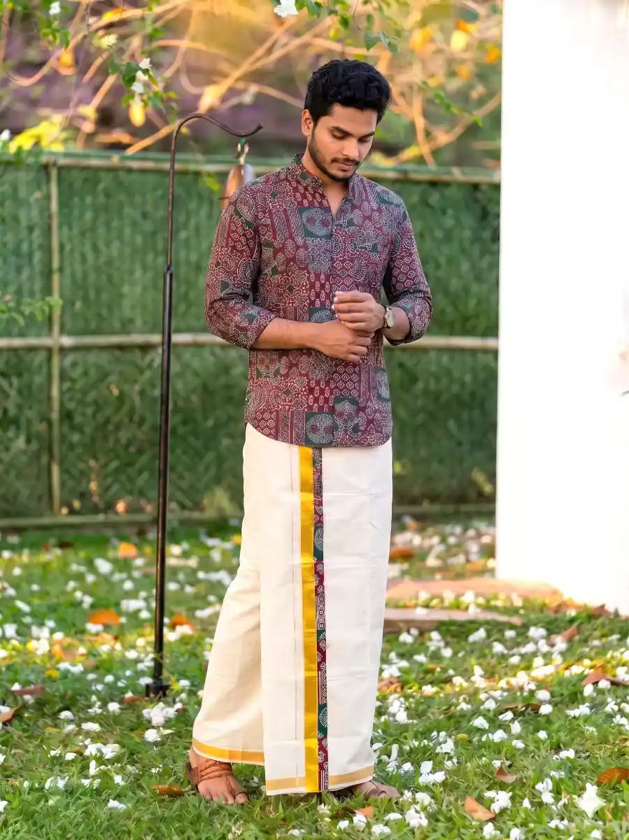 Maroon & Green Ajrakh Shirt and Kasavu Mundu Dhoti Combo Set