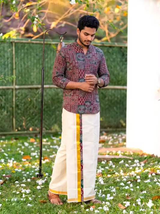 Maroon & Green Ajrakh Shirt and Kasavu Mundu Dhoti Combo Set