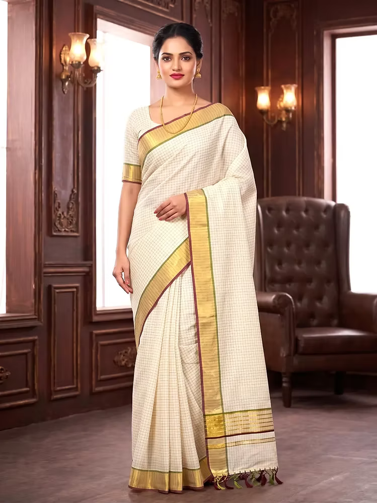 Micro Checks Cotton Kasavu Saree with Maroon & Pea Green Border