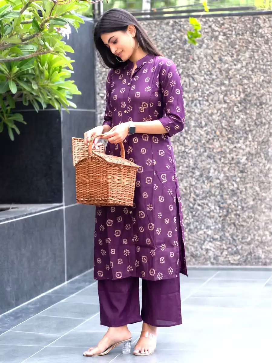 Purple Bandhani Print Straight Kurta & Bottom Set