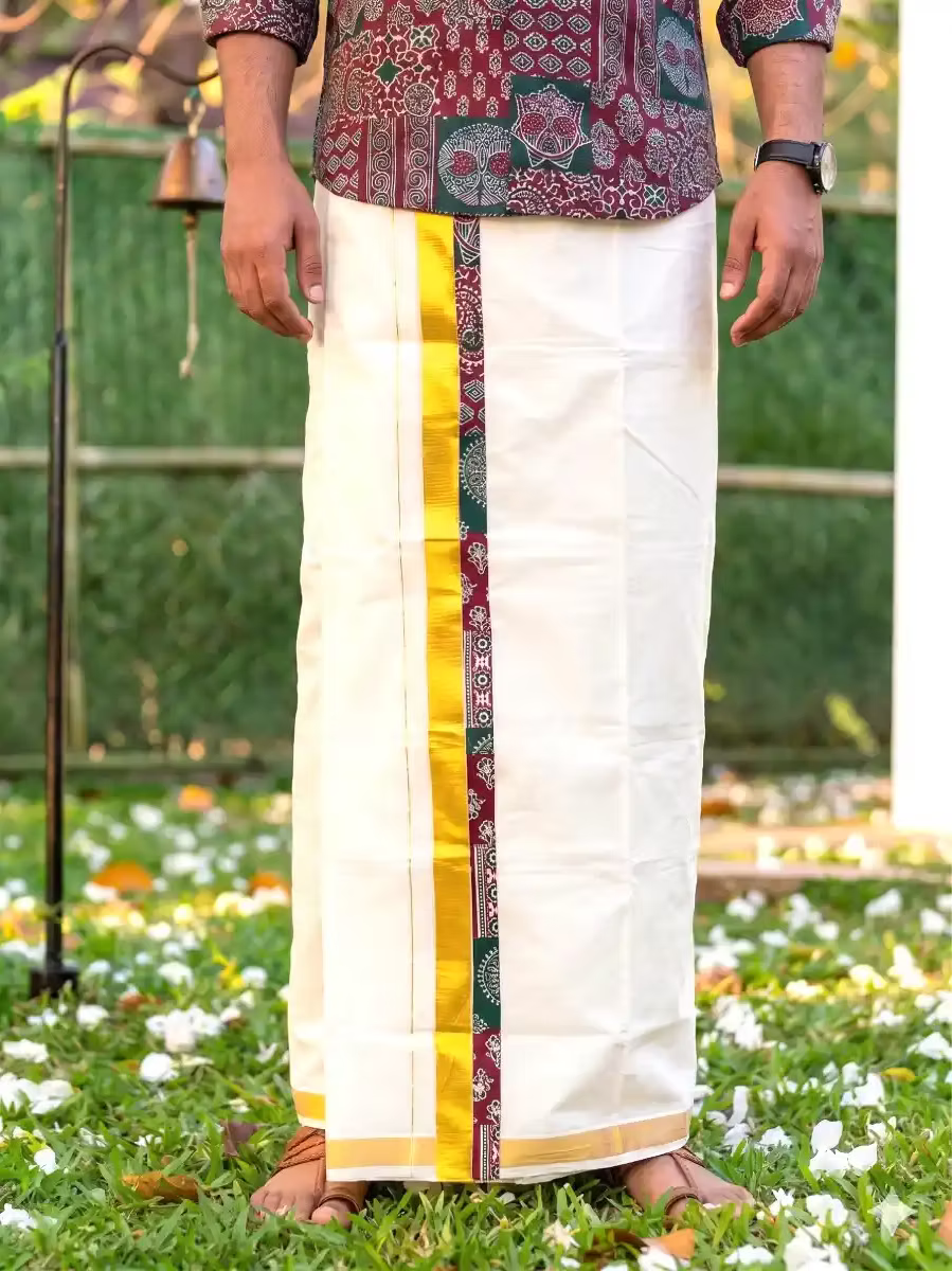 Maroon & Green Ajrakh Shirt and Kasavu Mundu Dhoti Combo Set