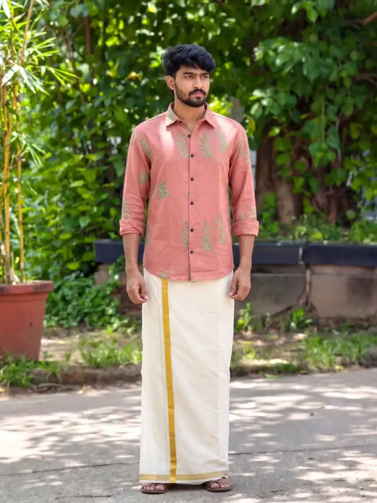 Rosewood Botanical Vine Embroidered Cotton Shirt and Kasavu Mundu Dhoti Combo