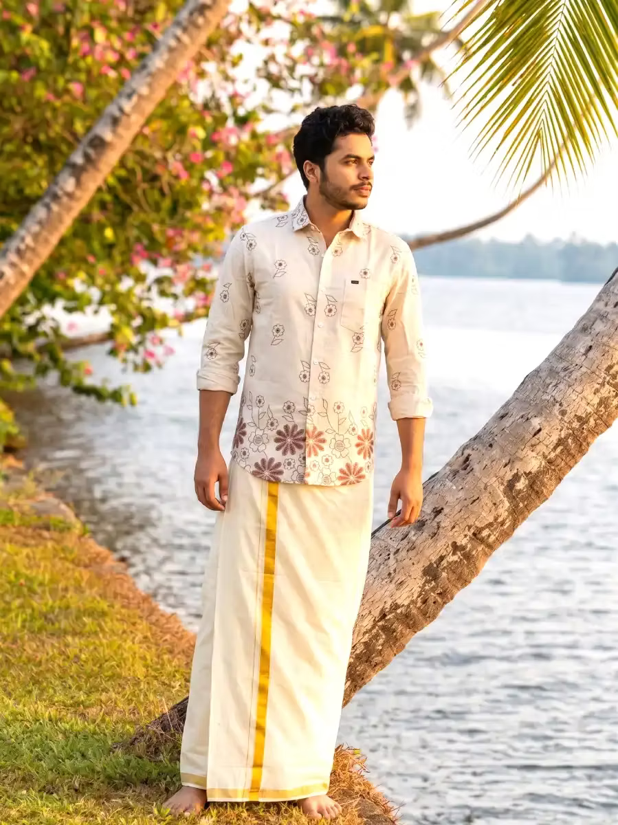 Ivory White Botanical Motif Cotton Shirt & Kasavu Mundu Dhoti Combo