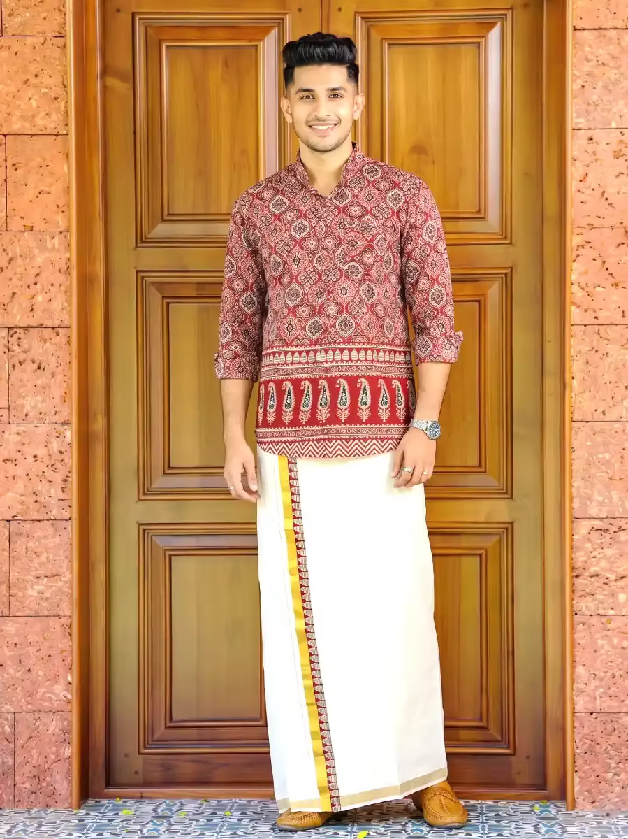 Maroon & Black Mango Ajrakh Shirt and Kasavu Mundu Dhoti Combo Set