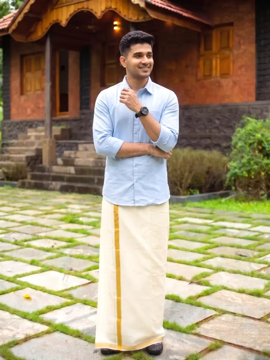 Sky Blue Shirt and Kasavu Mundu Dhoti Combo Set
