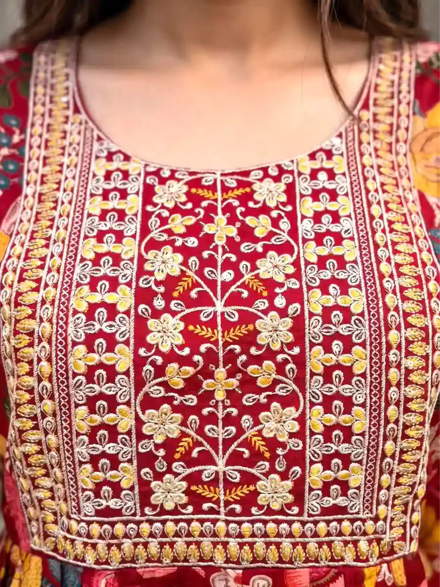 Maroon with Multi-Color Floral Embroidery Yoke Anarkali 3 Piece Kurta Set