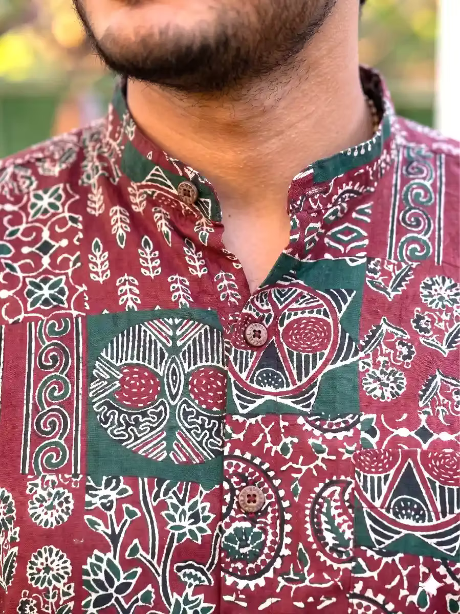 Maroon & Green Ajrakh Shirt and Kasavu Mundu Dhoti Combo Set