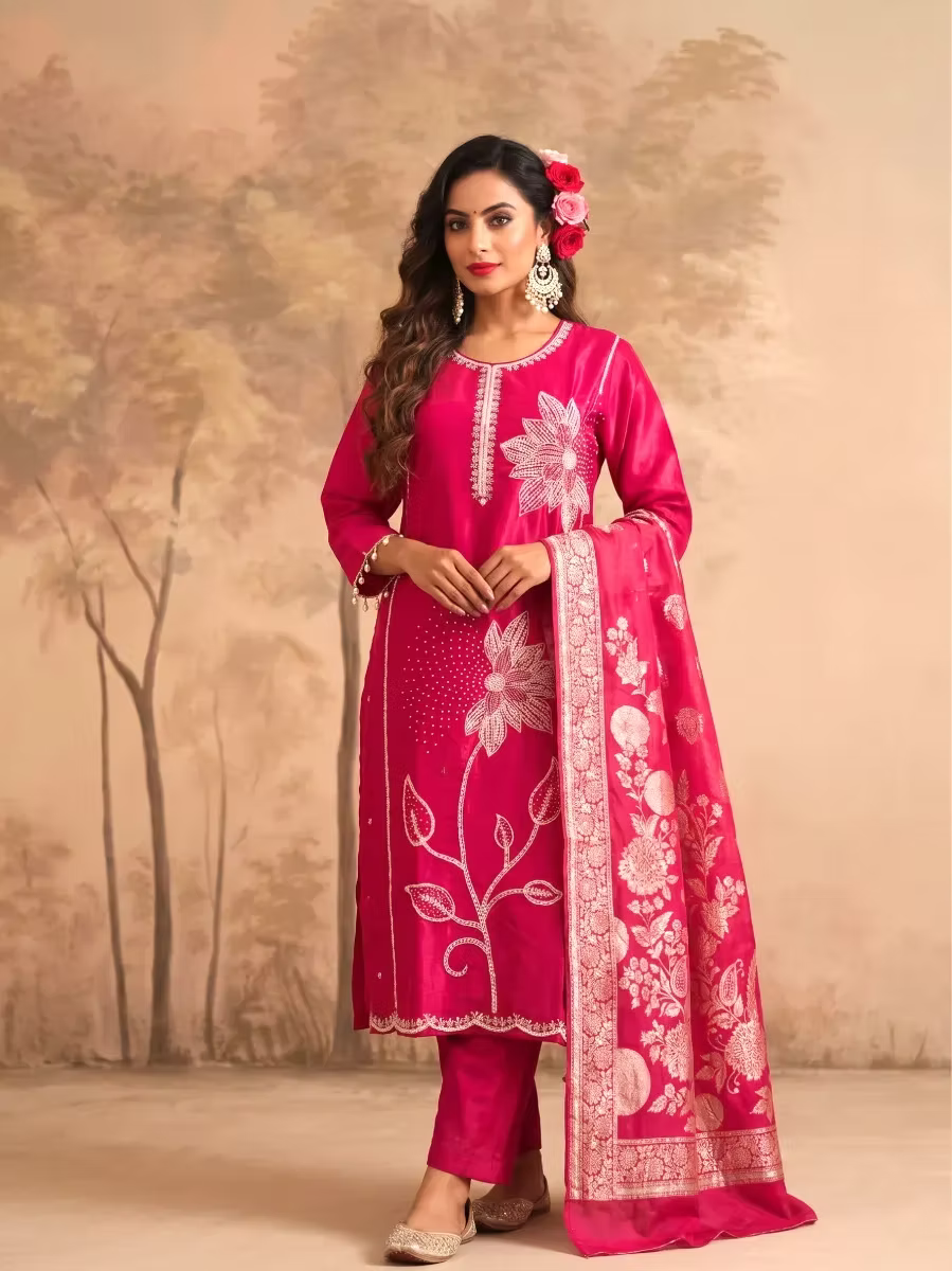 Fuchsia Pink Floral Pearl Embroidered Silk Blend Kurta Set with Banarasi Dupatta