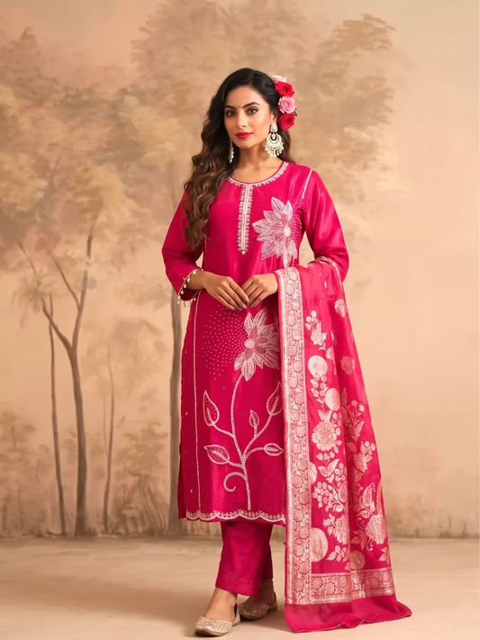 Fuchsia Pink Floral Pearl Embroidered Silk Blend Kurta Set with Banarasi Dupatta