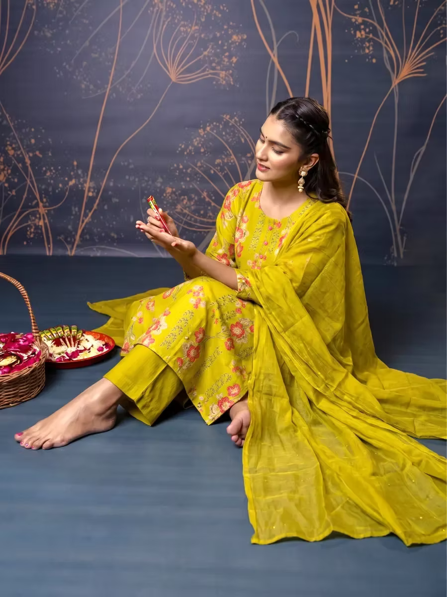 Women’s Olive Floral Straight Kurta Set with Dupatta