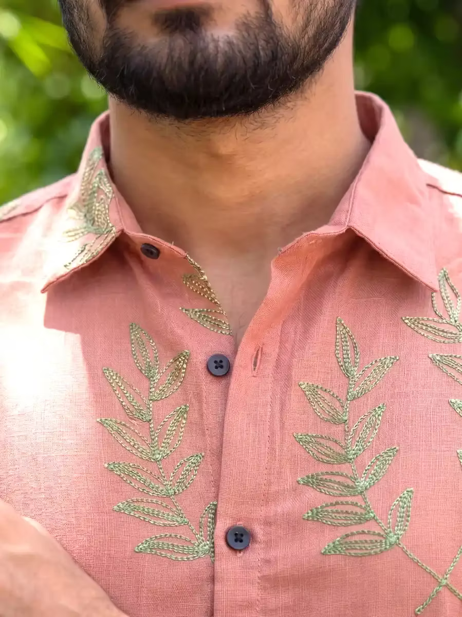Rosewood Botanical Vine Embroidered Cotton Shirt and Kasavu Mundu Dhoti Combo
