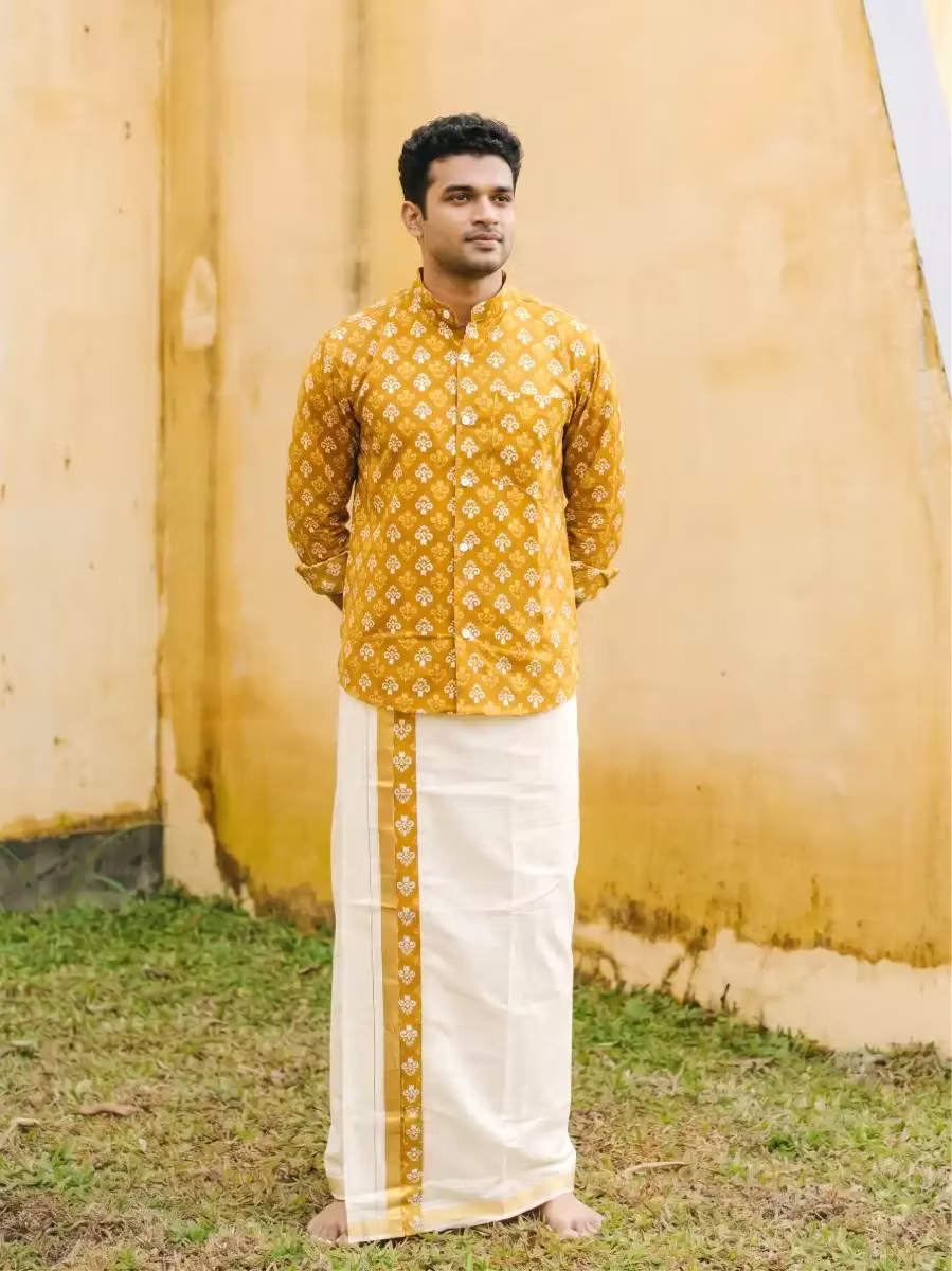 Mustard Yellow Classic Motif Ajrakh Shirt and Kasavu Mundu Dhoti Combo