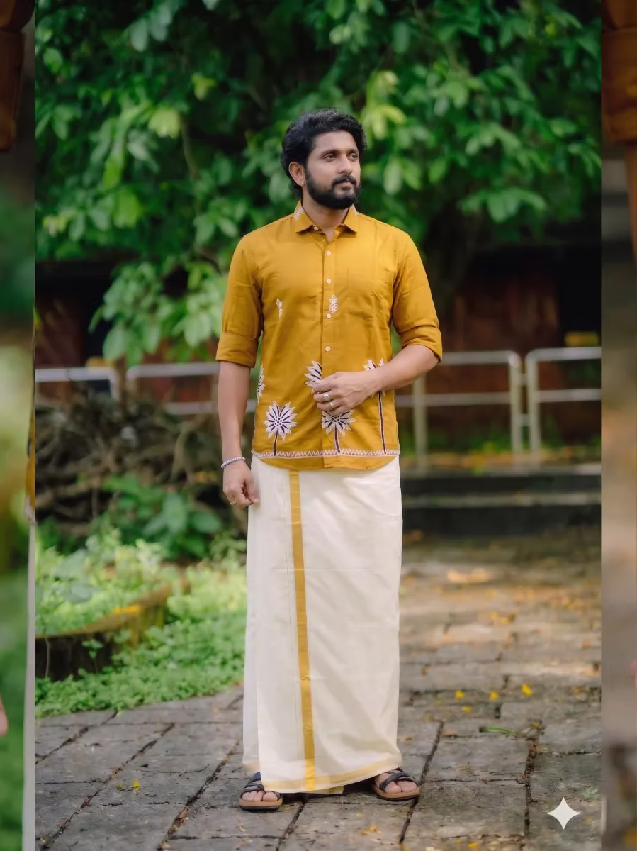 Golden Brown Embroidered Palm Motif Shirt & Kasavu Mundu Dhoti Combo