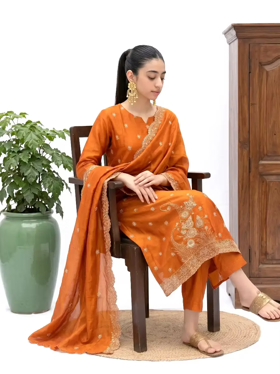 Rust Orange Embroidered Kurta Set with Scalloped Dupatta