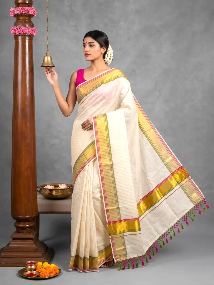 Traditional Pea Green & Pink Stripe Kasavu Saree With Gold Zari Border