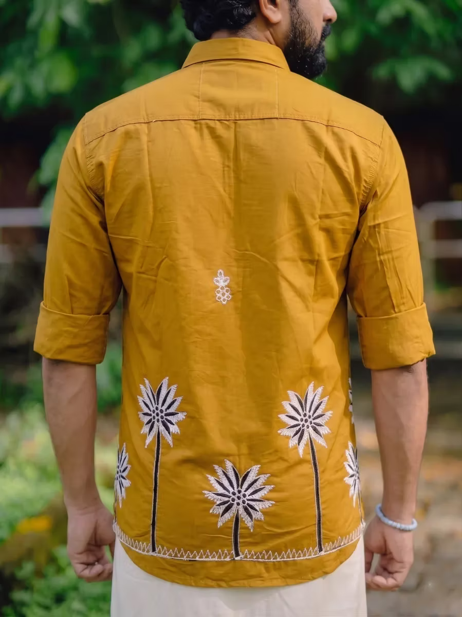 Golden Brown Embroidered Palm Motif Shirt & Kasavu Mundu Dhoti Combo