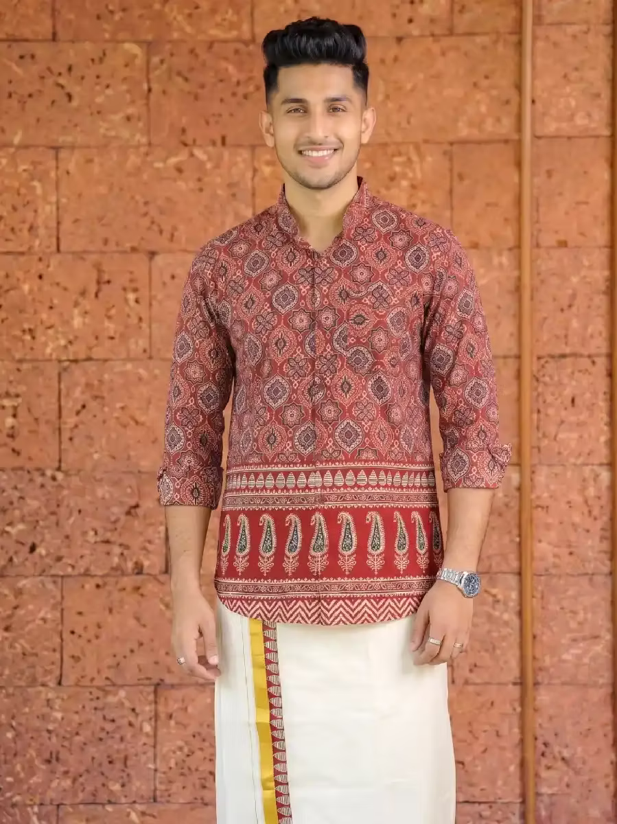 Maroon & Black Mango Ajrakh Shirt and Kasavu Mundu Dhoti Combo Set