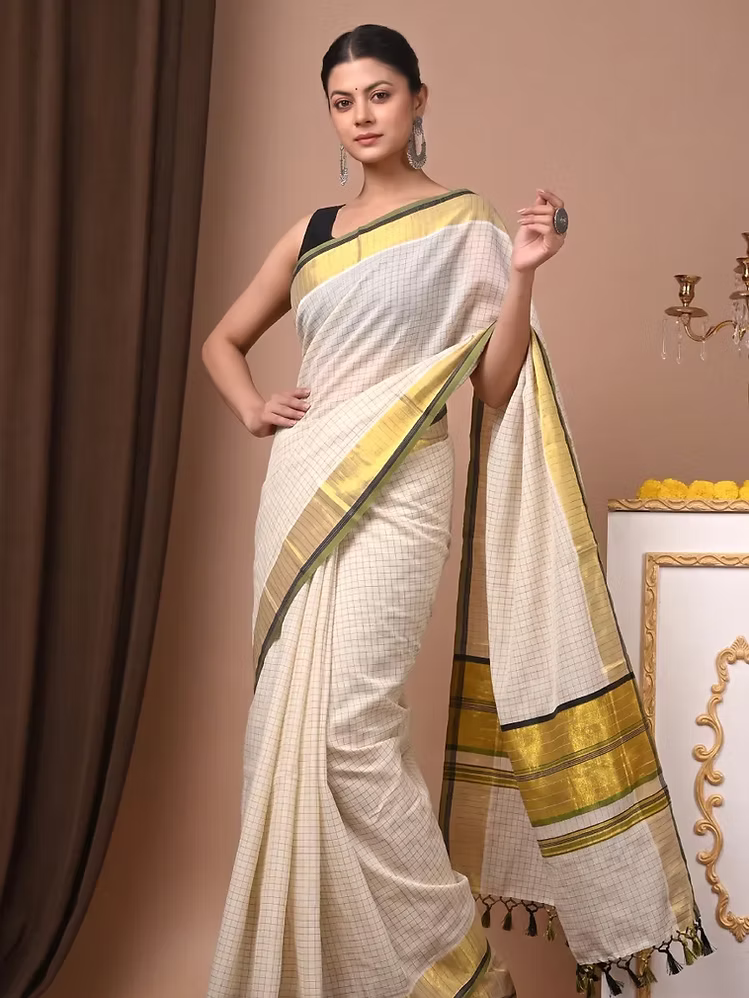 Micro Checks Cotton Kasavu Saree with Black & Pea Green Border