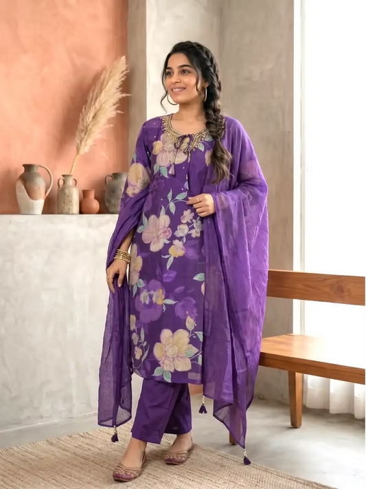 Purple Floral Chandheri Kurta Set with Dupatta
