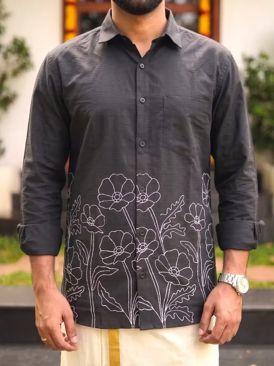 Black Vine Outline Cotton Shirt and Kasavu Mundu Dhoti Combo
