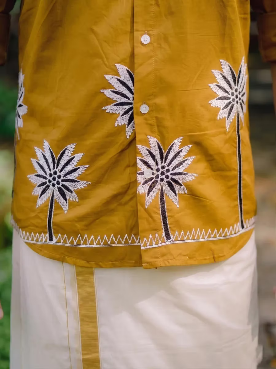 Golden Brown Embroidered Palm Motif Shirt & Kasavu Mundu Dhoti Combo