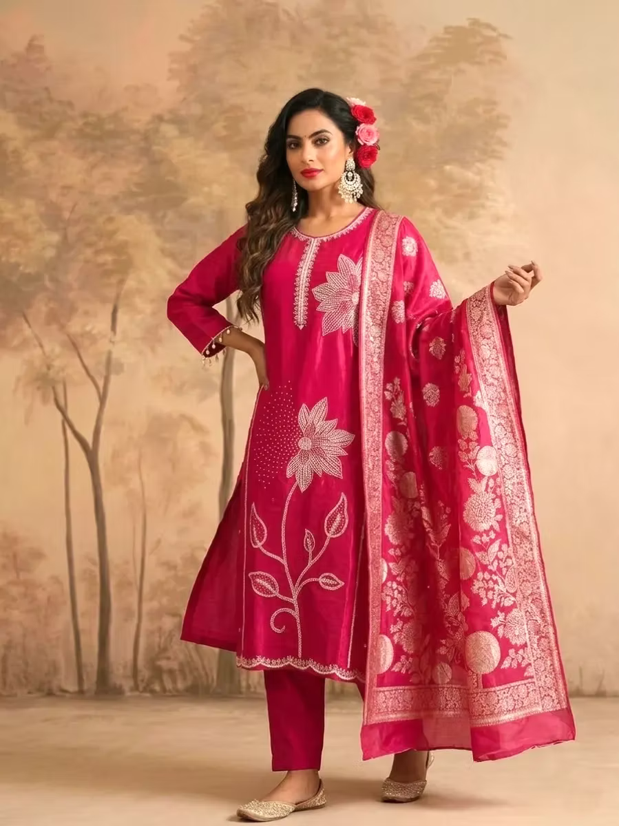 Fuchsia Pink Floral Pearl Embroidered Silk Blend Kurta Set with Banarasi Dupatta