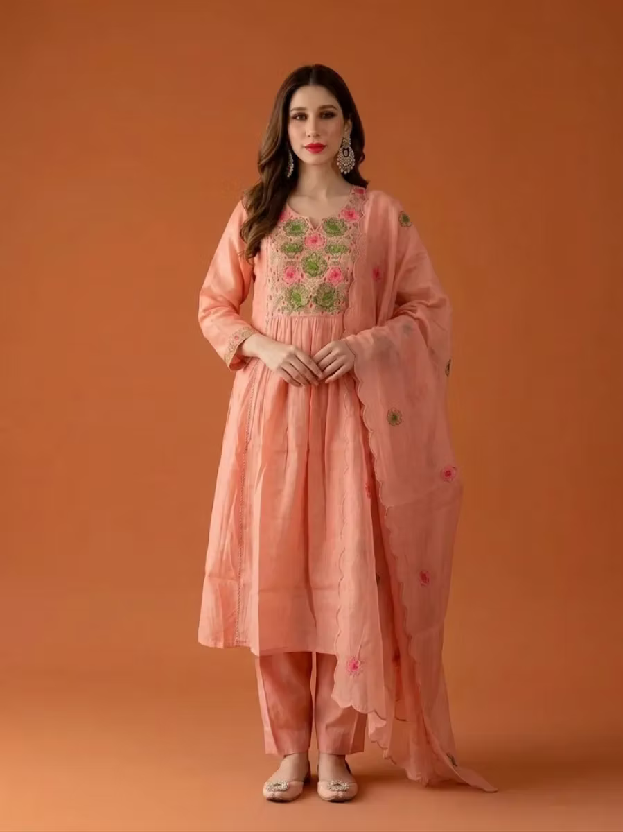 Peach Pink floral Chandheri Kurta Set with Dupatta