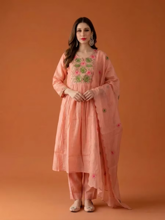 Peach Pink floral Chandheri Kurta Set with Dupatta