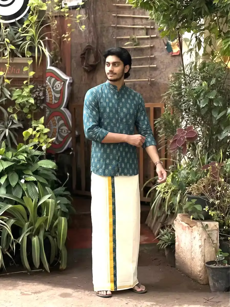 Deep Teal Blue Ajrak Shirt & Mundu Combo