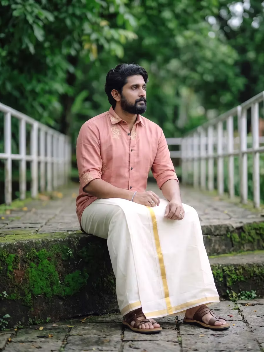 Dusty Rose Botanical Embroidered Cotton Shirt and Kasavu Mundu Dhoti Combo