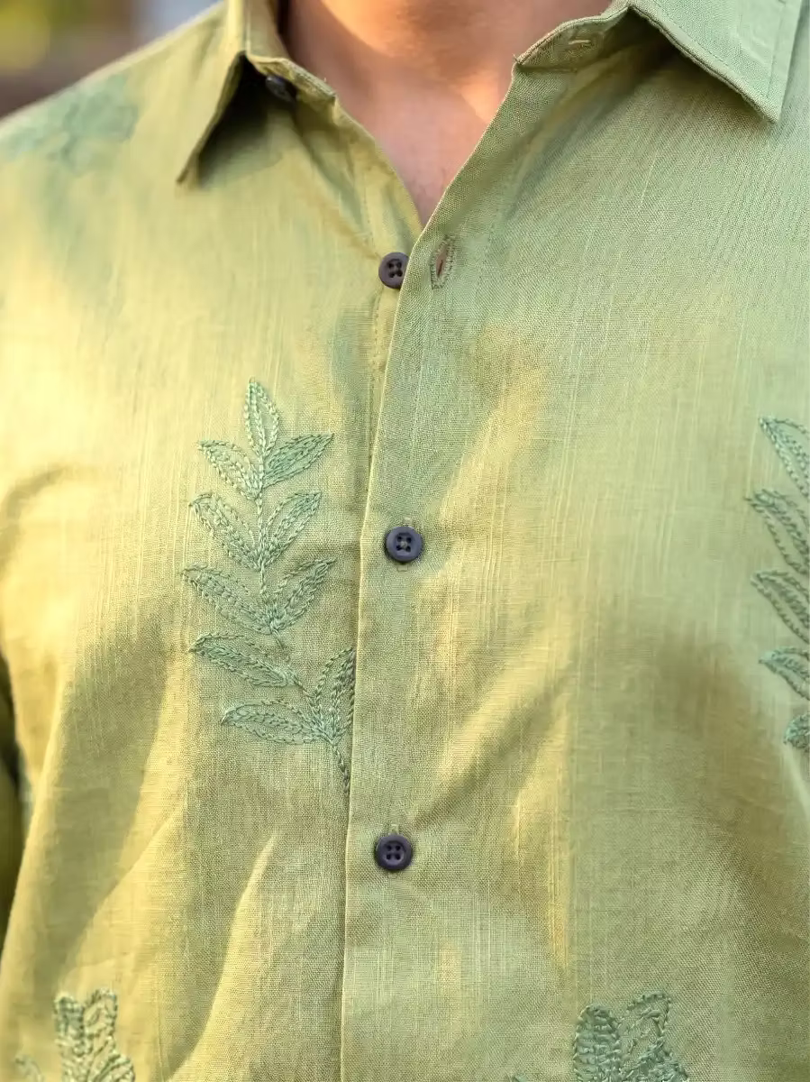 Sage Green Leaf Embroidered Cotton Shirt and Kasavu Mundu Dhoti Combo