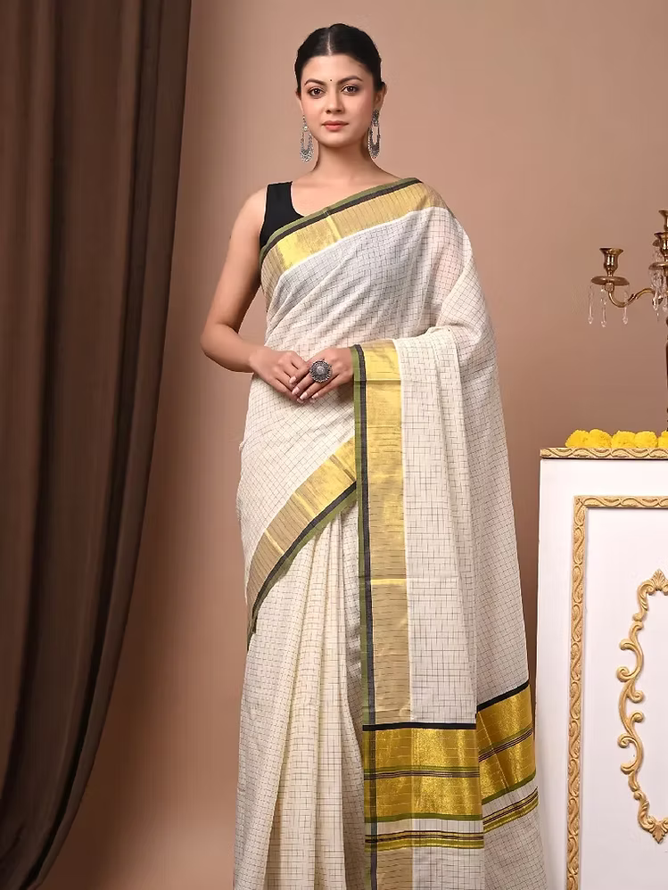 Micro Checks Cotton Kasavu Saree with Black & Pea Green Border