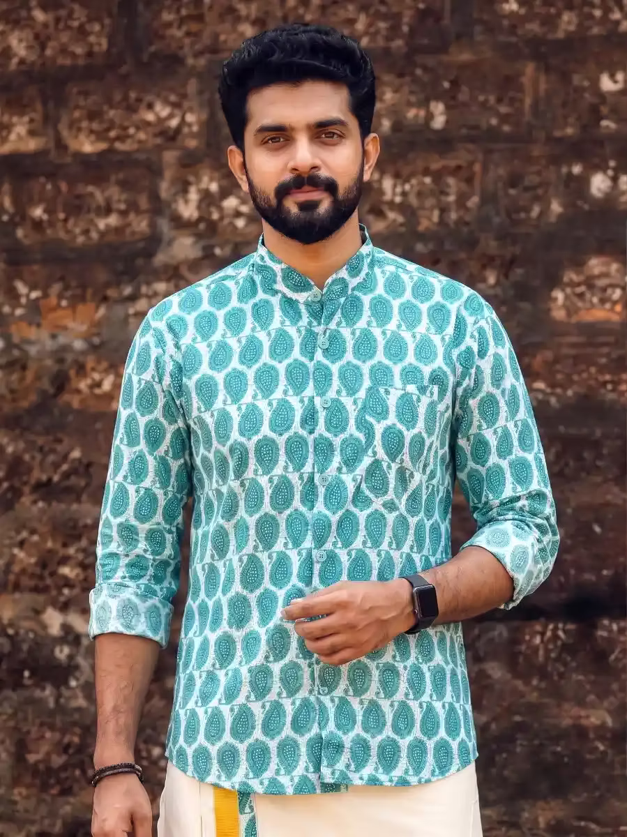 Turquoise Mango Ajrak Shirt &amp; Kasavu Mundu Dhoti Combo