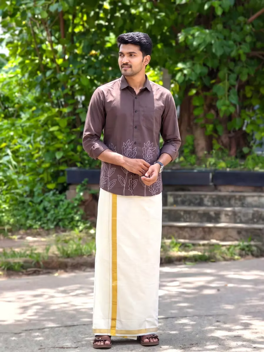 Mauve Brown Grove Outline Cotton Shirt and Kasavu Mundu Dhoti Combo