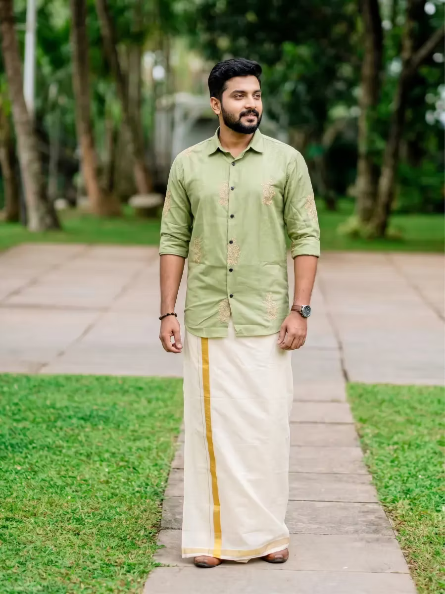 Sage Green Botanical Embroidered Cotton Shirt and Kasavu Mundu Dhoti Combo