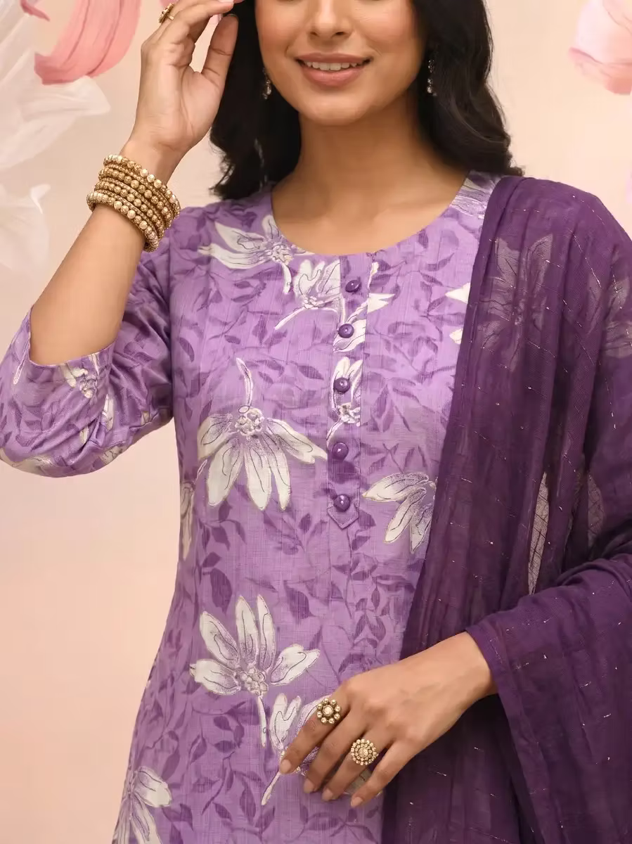 Women Purple Floral Print Regular Kurta Pant Set With Dupatta