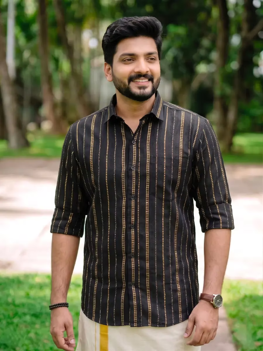 Black & Golden Flecha Cotton Shirt and Kasavu Mundu Dhoti Combo