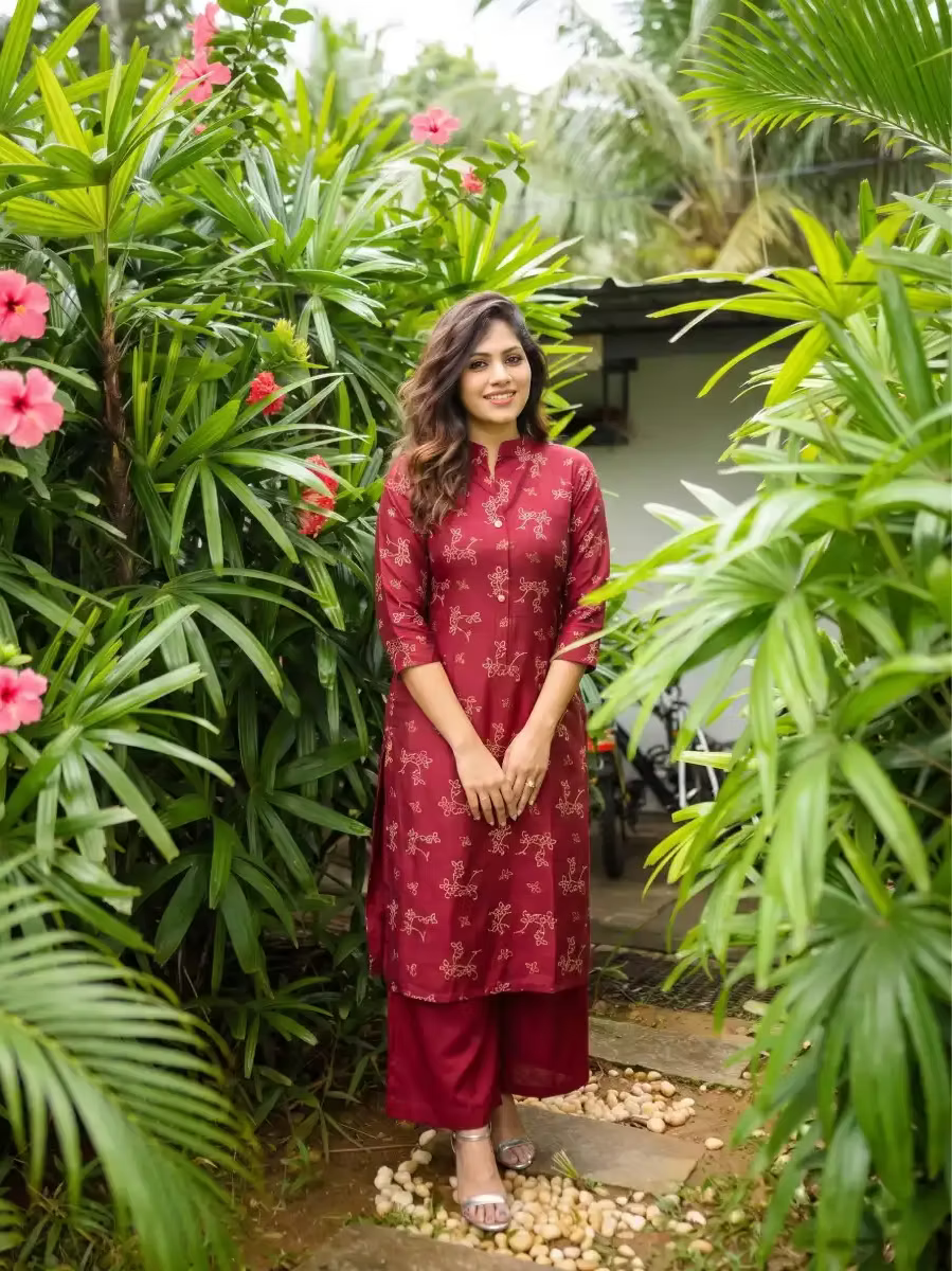 Women's Maroon Mandarin Collar Printed Kurta Set