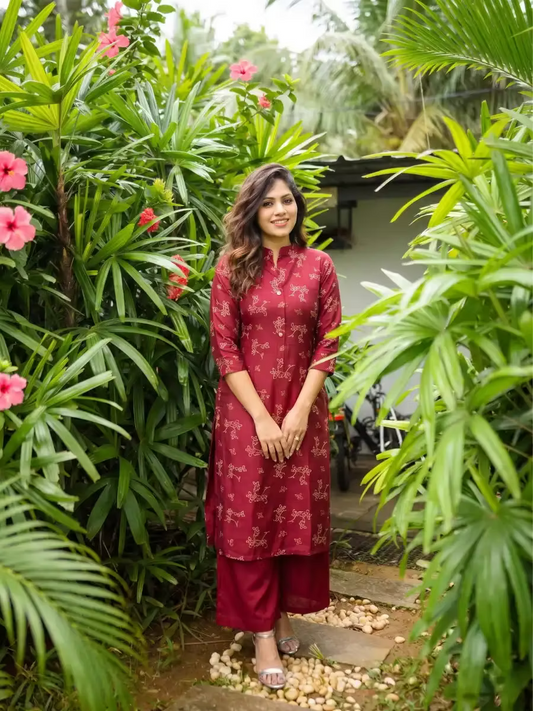 Women's Maroon Mandarin Collar Printed Kurta Set