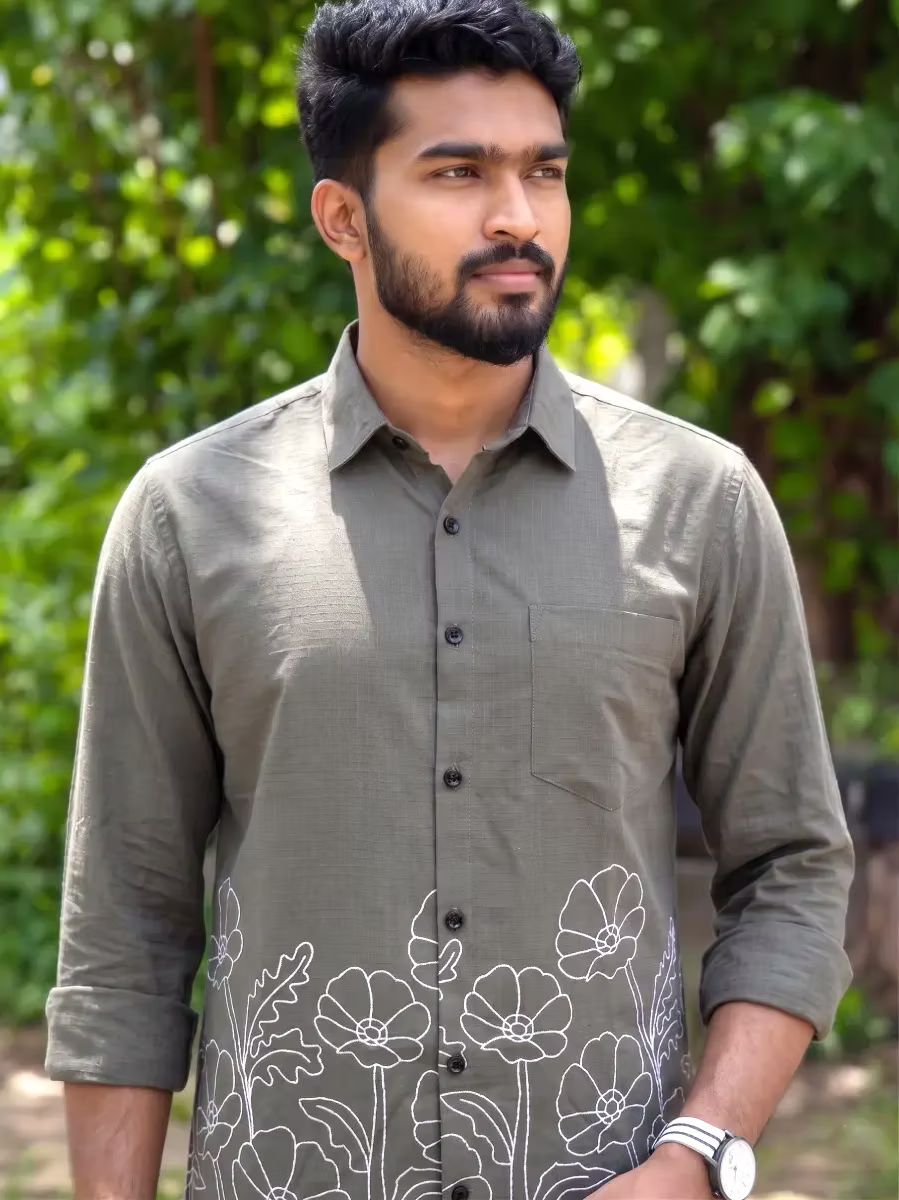 Olive Grey Grove Outline Cotton Shirt and Kasavu Mundu Dhoti Combo