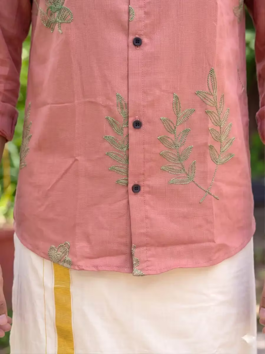 Rosewood Botanical Vine Embroidered Cotton Shirt and Kasavu Mundu Dhoti Combo