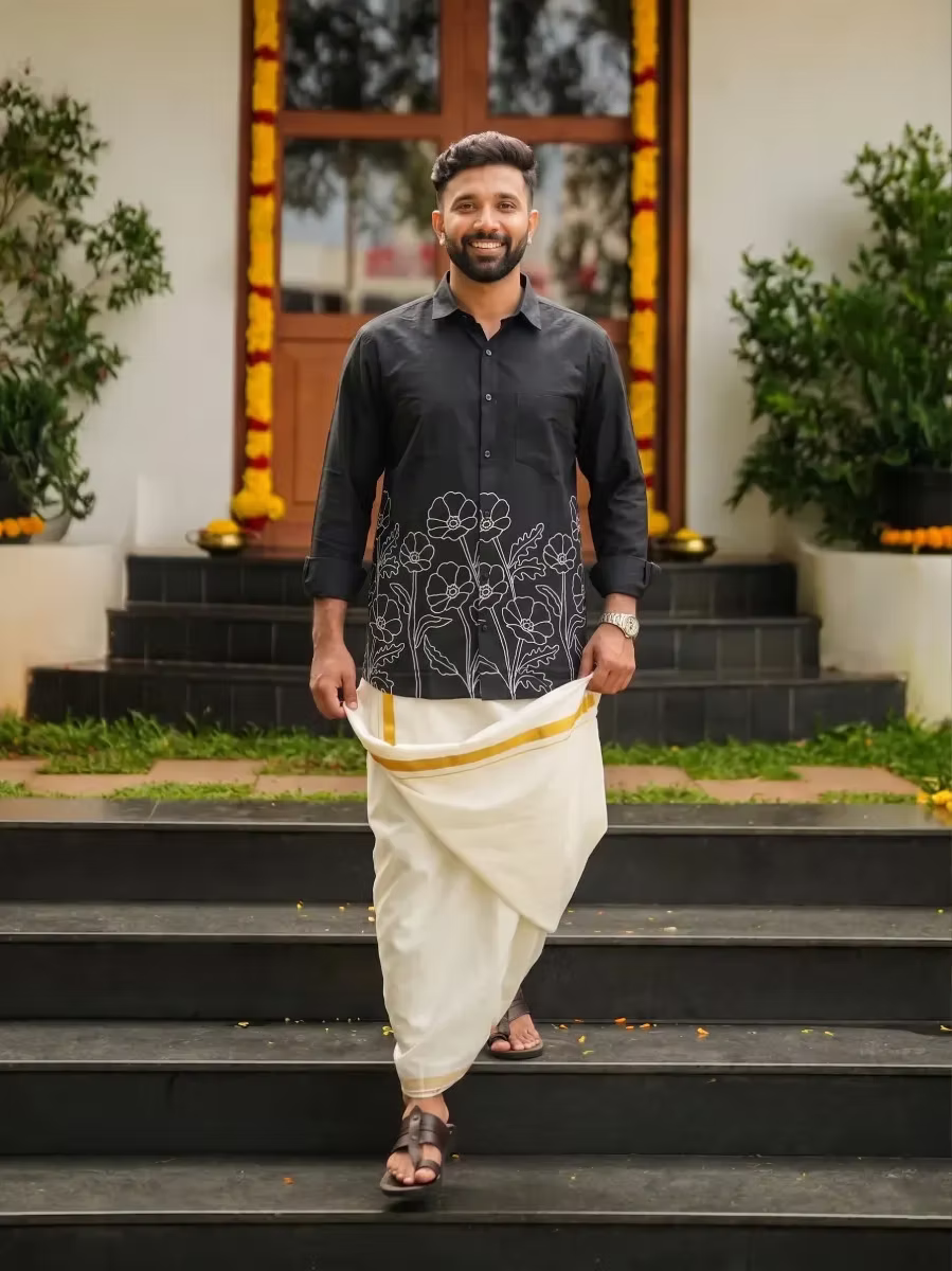 Black Vine Outline Cotton Shirt and Kasavu Mundu Dhoti Combo