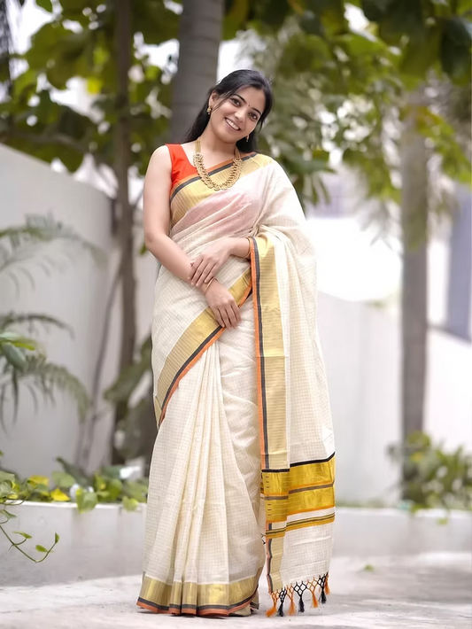 Micro Checks Cotton Kasavu Saree with Black & Orange Border