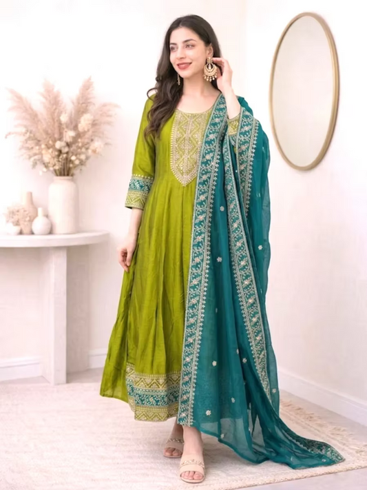 Olive Green Embroidered Anarkali Kurta Set with Teal Blue Dupatta
